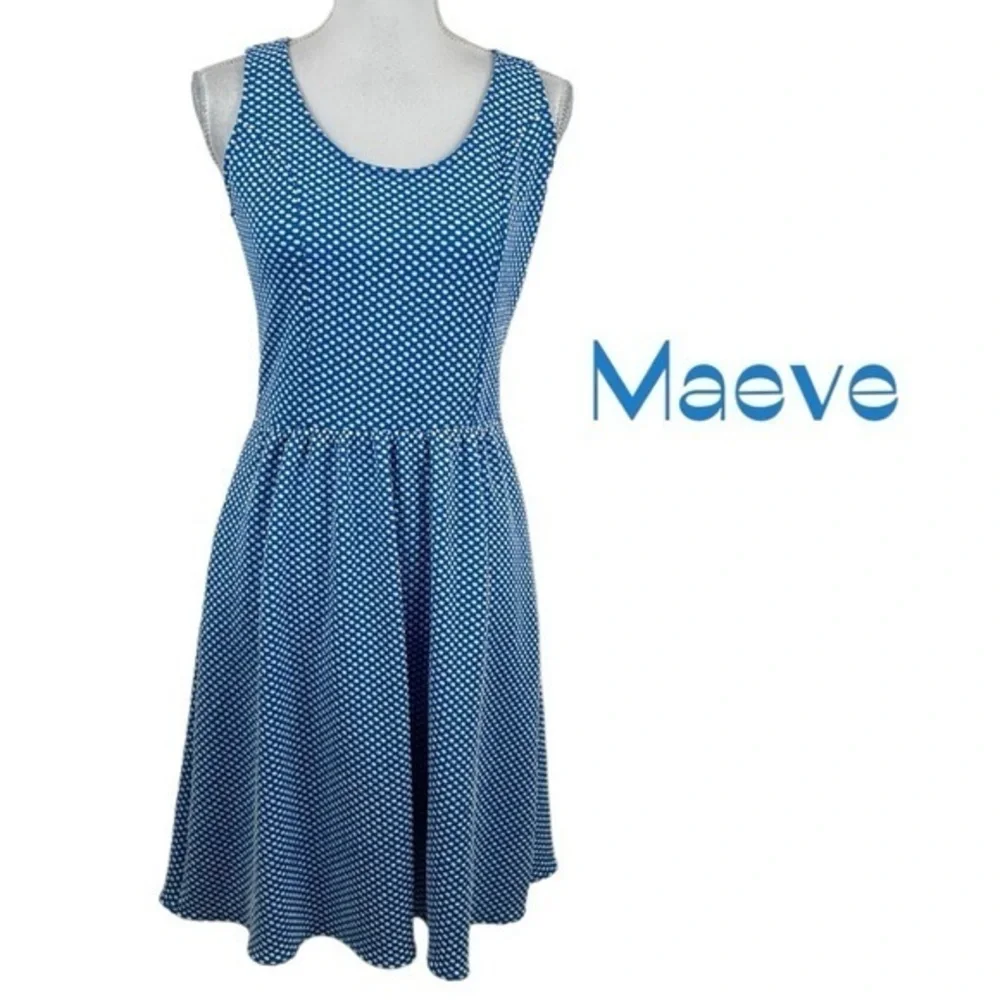 Anthropologie Maeve Blue & White Polka Dot CottageCore Dress NWOT